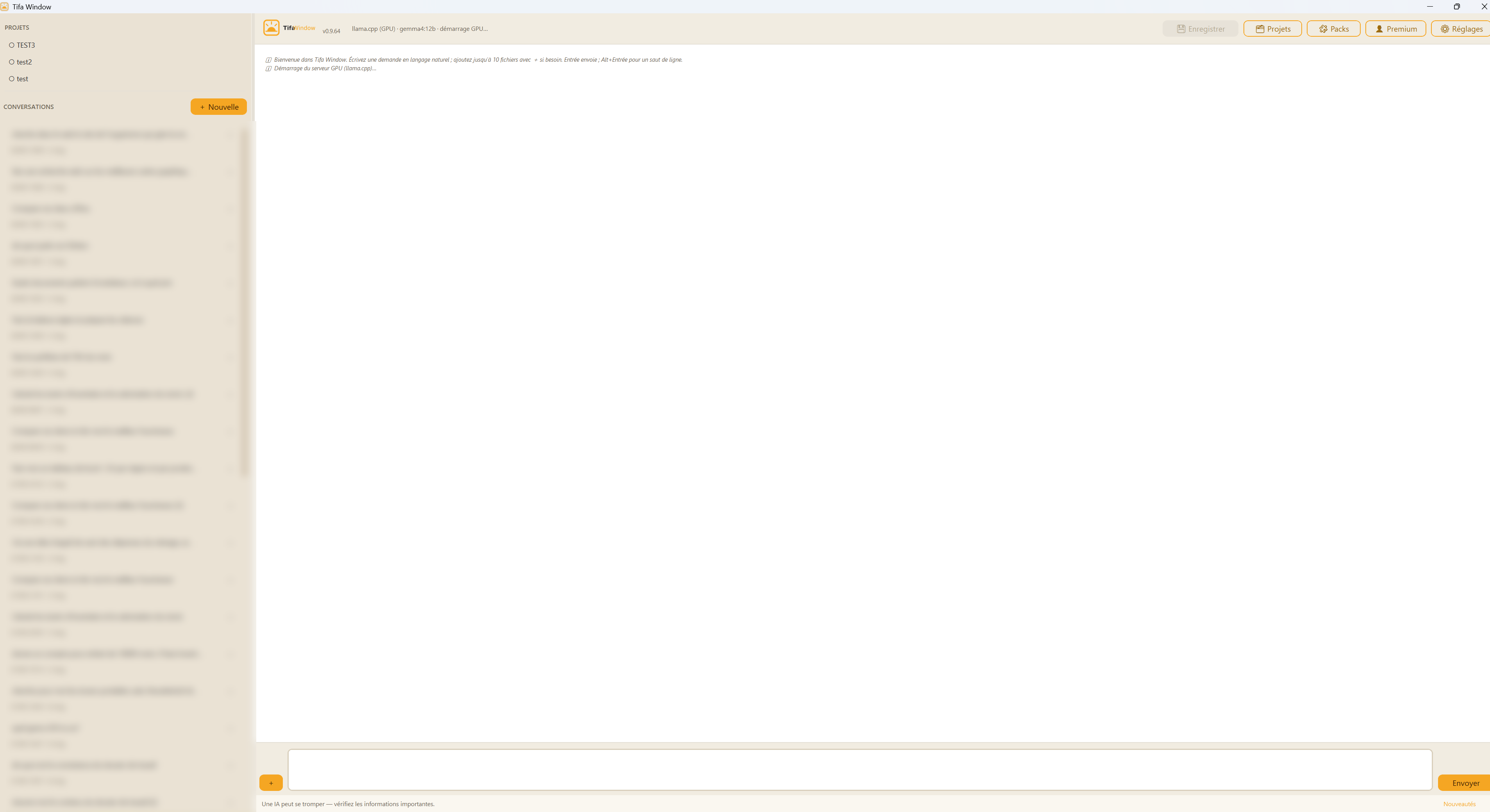 Capture de l'application Tifa Window — chat local et livrable structuré